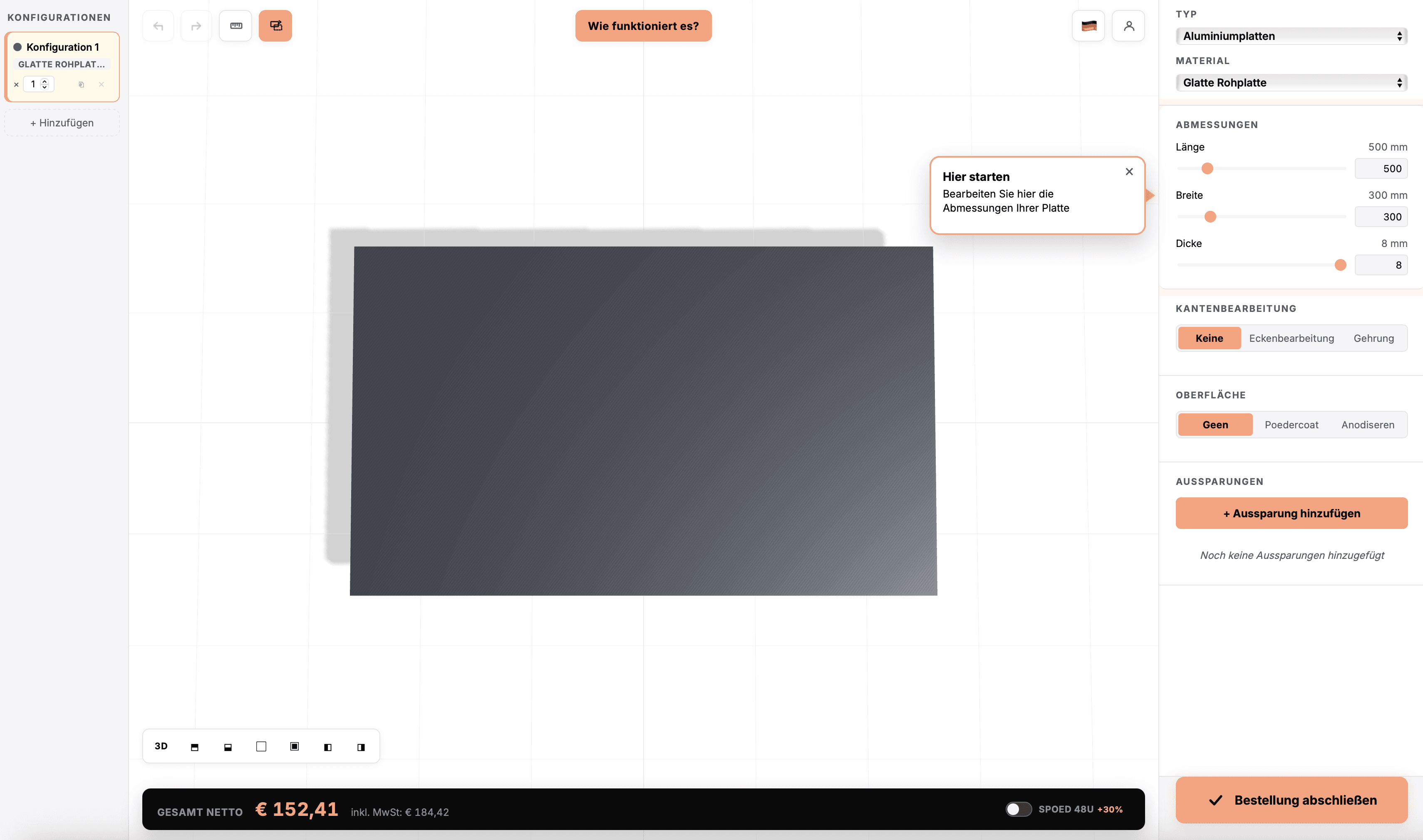 3D configurator for made to measure aluminium plates