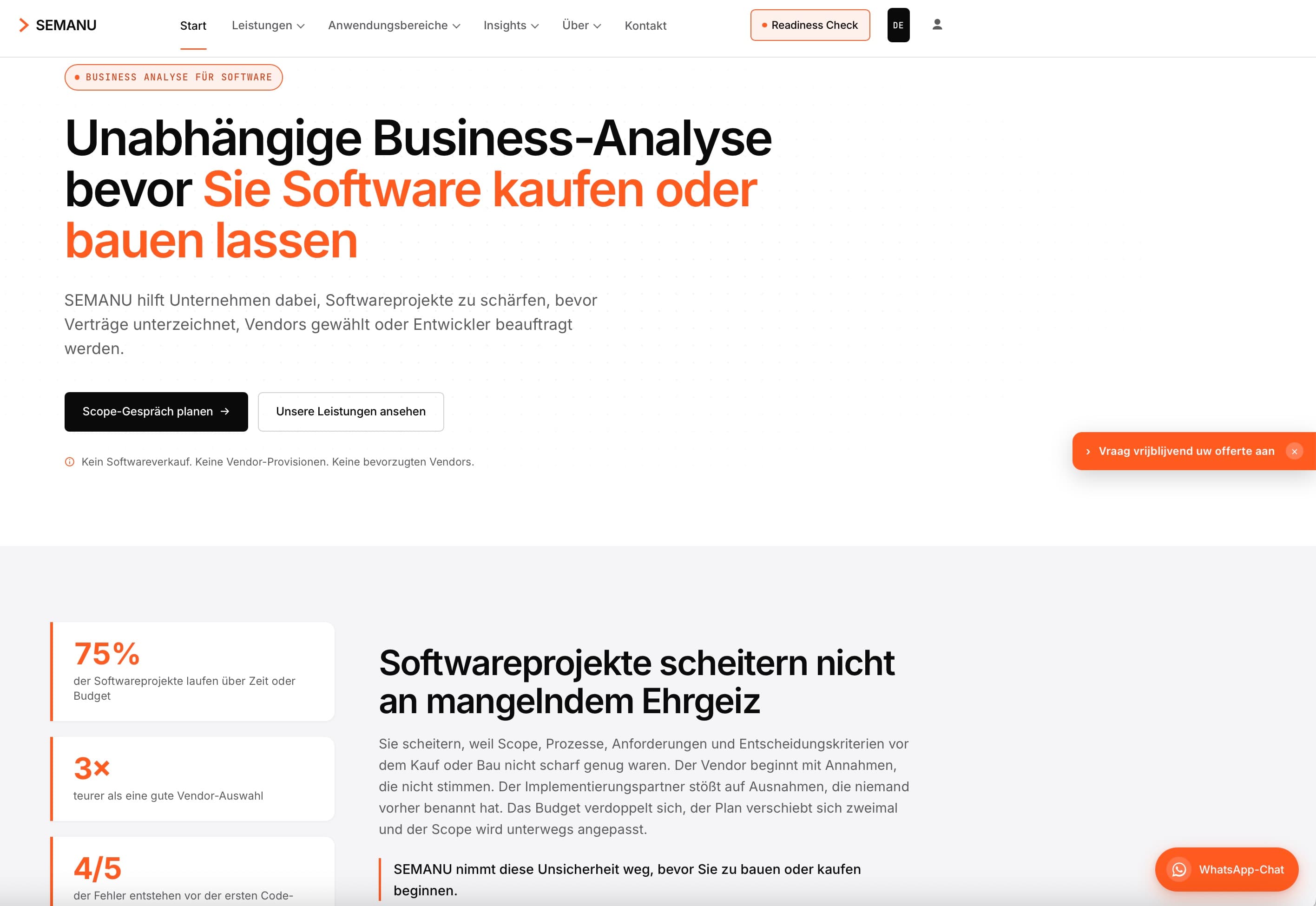 SEMANU public website, homepage with the business analysis pitch