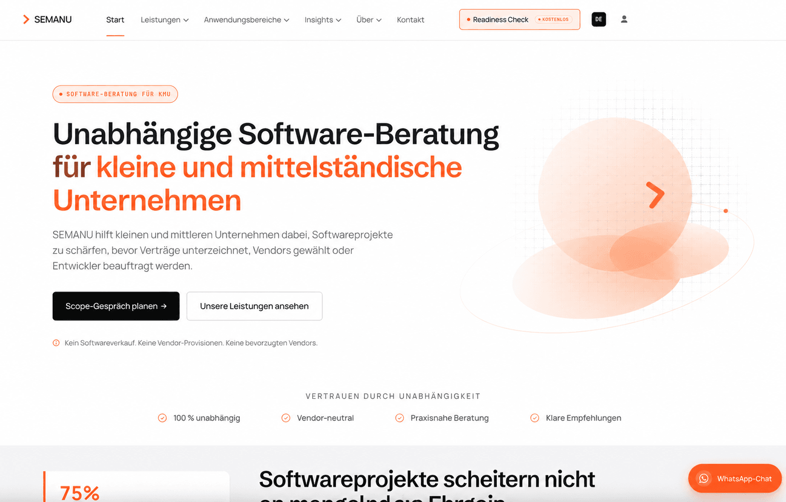 SEMANU public website, homepage with the business analysis pitch